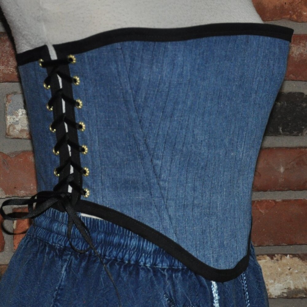 NEW Reversible Lace-up, Bustier Corset, Sunflowers Apples & Denim Upcycled   M